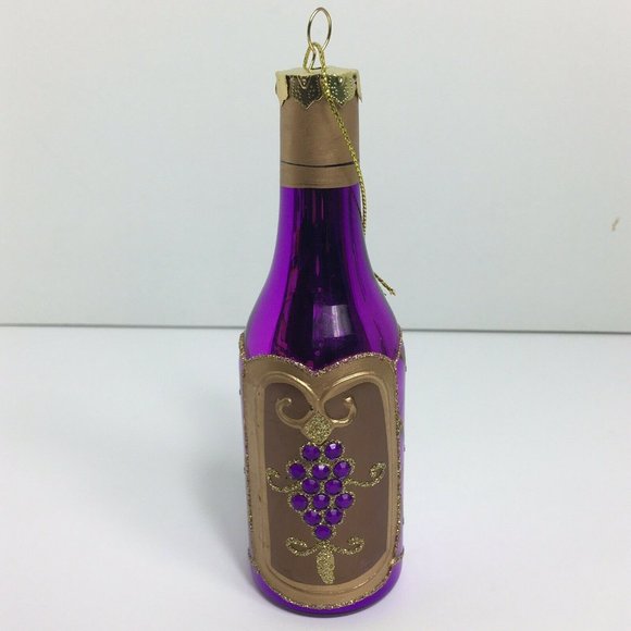 Wine Bottle Christmas Holiday Glass Ornament With Stones Purple Gold Glitter 6" - Picture 11 of 12